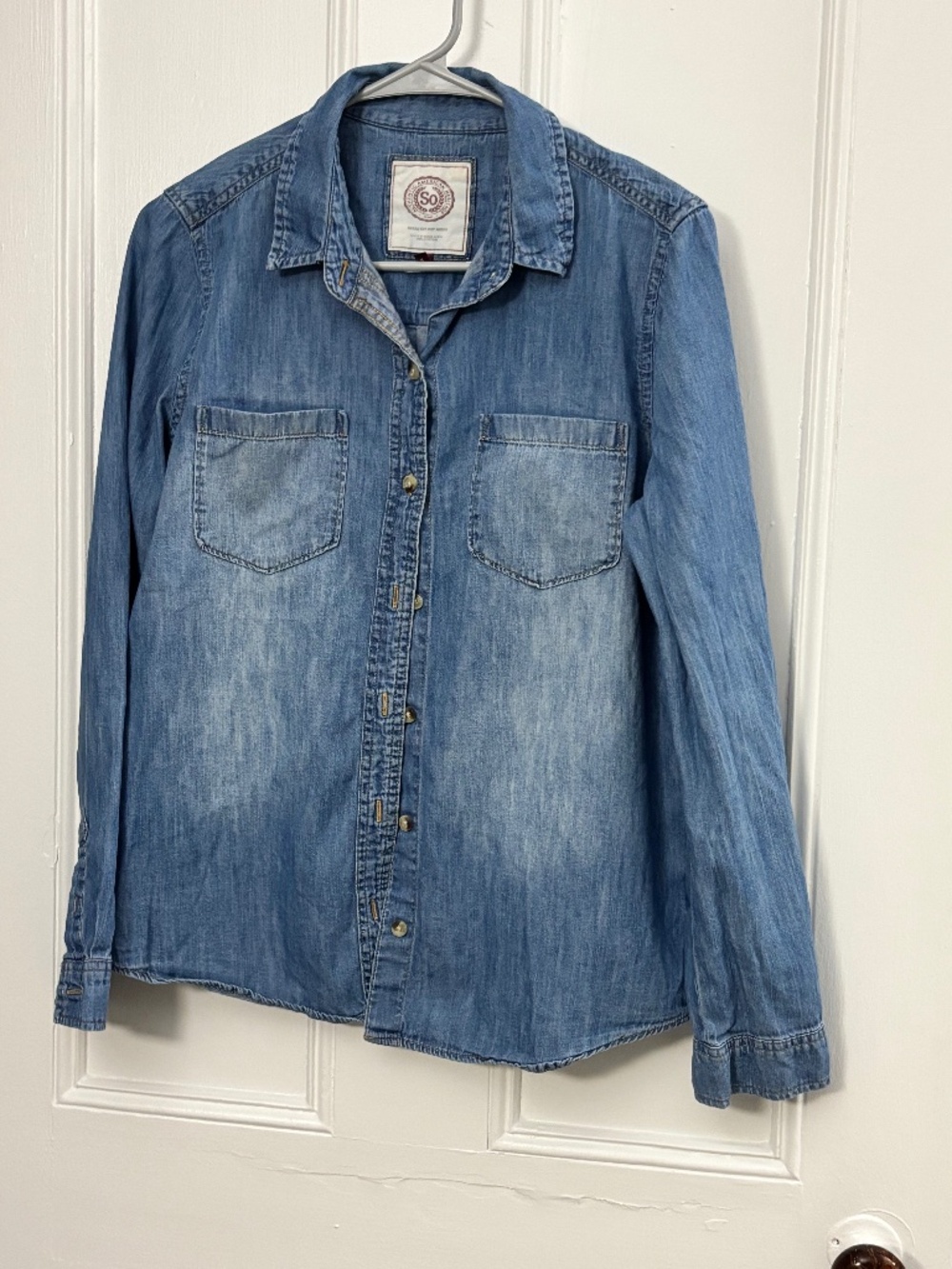 SO American Heritage medium-wash denim shirt with button-down closures.